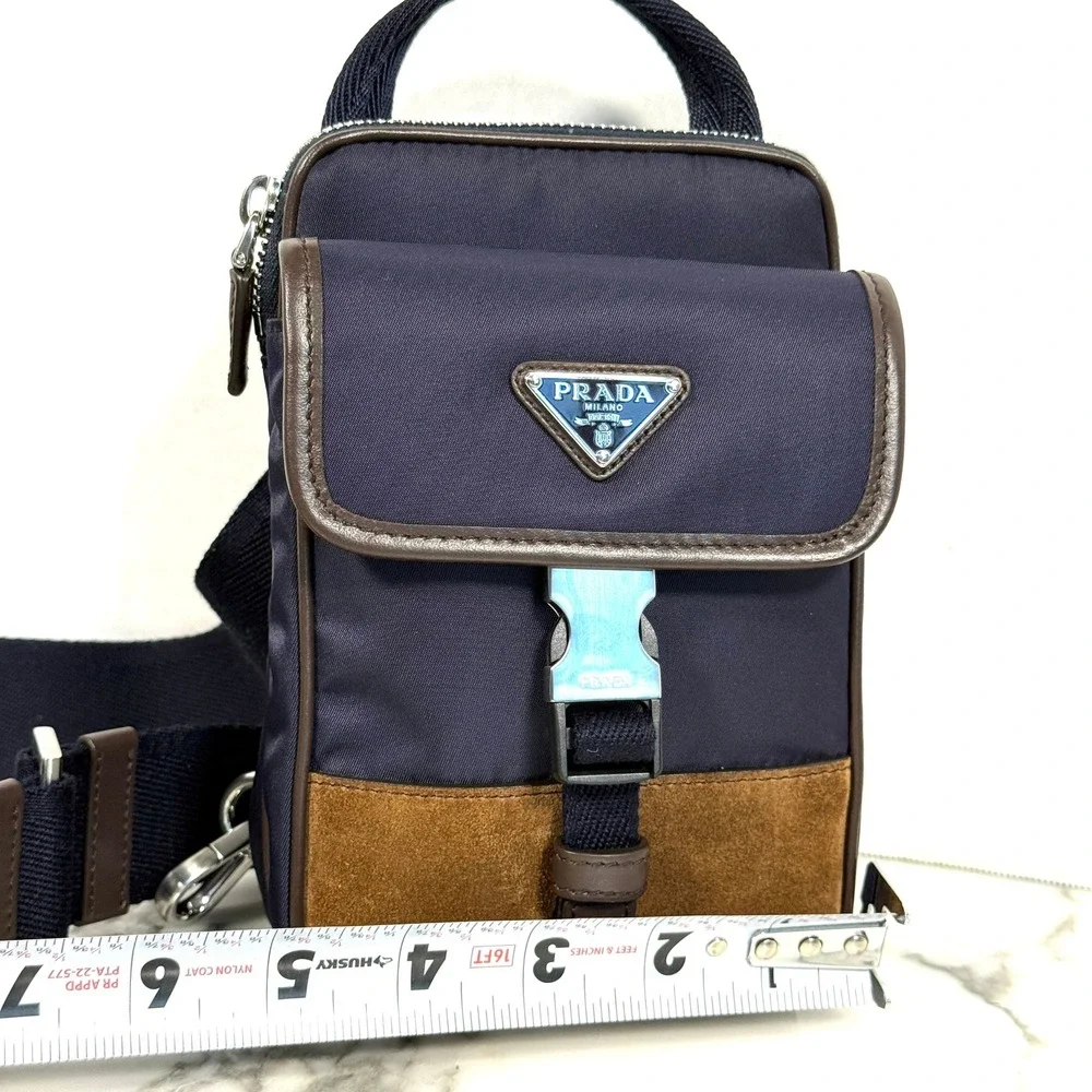 Prada Re-Nylon Leather Smartphone Case Shoulder Bag 2ZH194 Blu Caffe Navy Brown